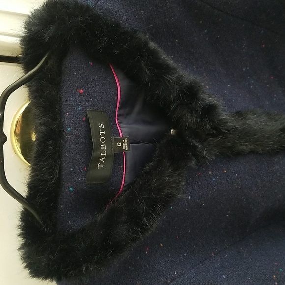 Talbots Navy Wool Blend Faux Fur Trimmed Jacket NWT size 12 - Picture 3 of 12